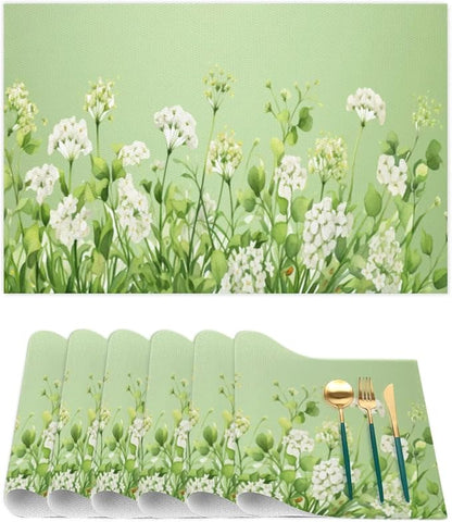 PVC Placemats Set of 4 Sage Green Flower Wipeable Table Mats Washable Heat Resistant Non Slip Vinyl Dining Table Mat for Kithen Indoor Outdoor Patio Farmhouse Place Mats Decorative