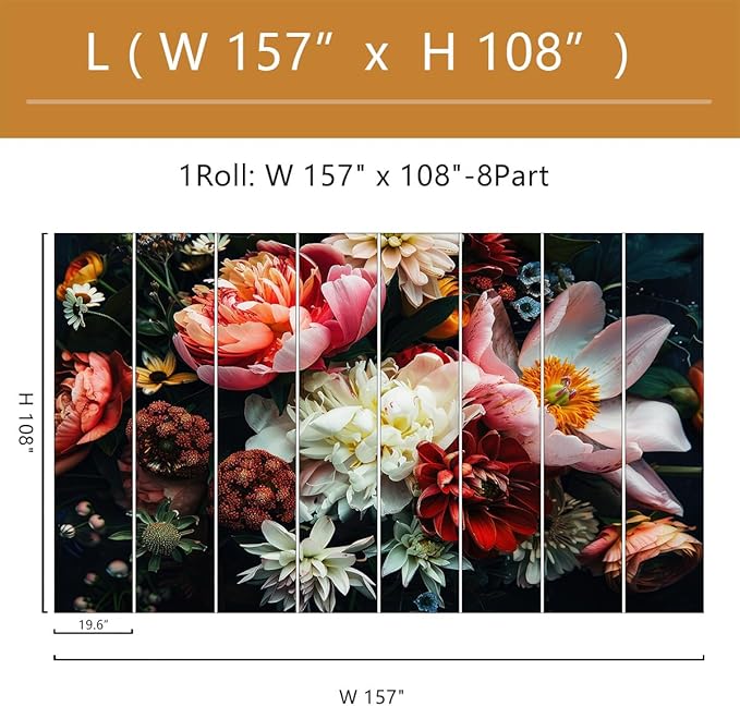 Dark Floral Wallpaper Peel and Stick Large Peony Flower Self Adhesive Wall Mural for Bedroom 157"x108"