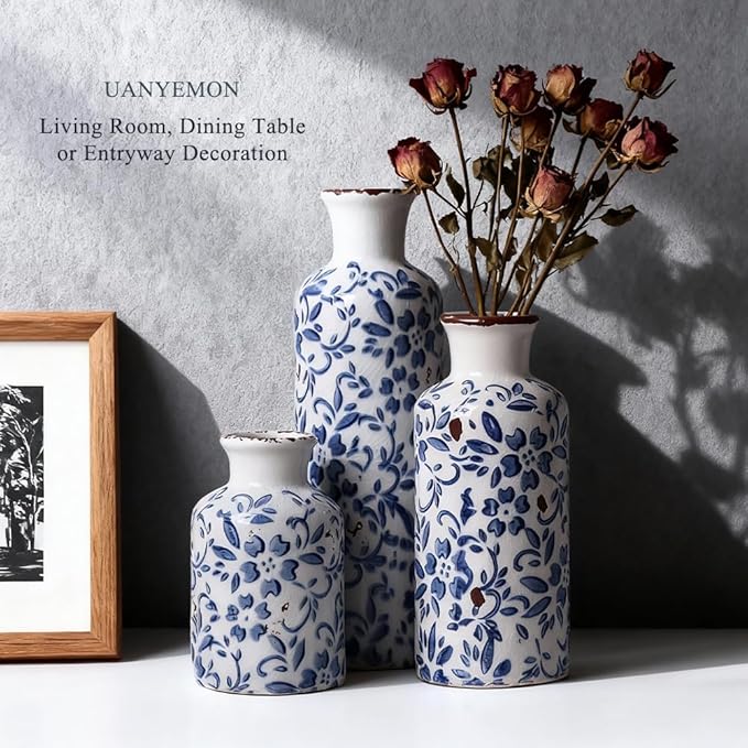 Ceramic Vase Set of 3 - Modern Chinoiserie Blue Floral Decorative Vases for Home Decor, Rustic Farmhouse Boho Vases for Living Room, Mantel, Dining Table, Bookshelf, Kitchen or Entryway Decoration