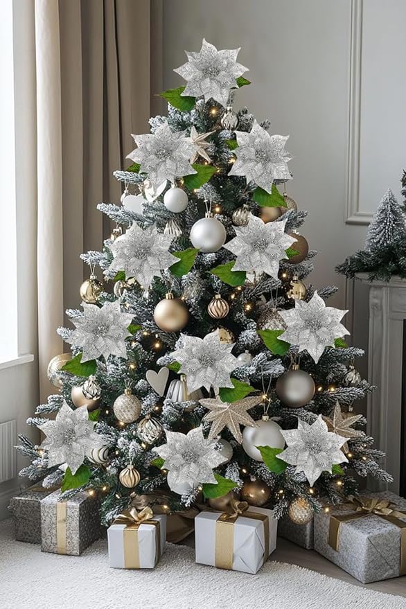 10" Poinsettia Flower Artificial for Christmas Tree Decor, 3 Pcs Faux Glitter Poinsettias Stems for DIY Xmas Wreath & Garland, Christmas Ornaments for Home Party, Holiday & Wedding Decorations, Silver