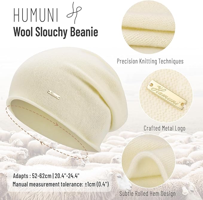 100% Wool Slouchy Beanie, Warm Beanie Hats for Women Breathable Knitting Skull Beanies Cap for Spring Fall Winter