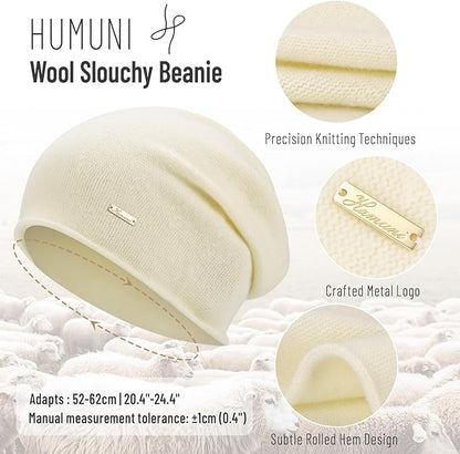 100% Wool Slouchy Beanie, Warm Beanie Hats for Women Breathable Knitting Skull Beanies Cap for Spring Fall Winter