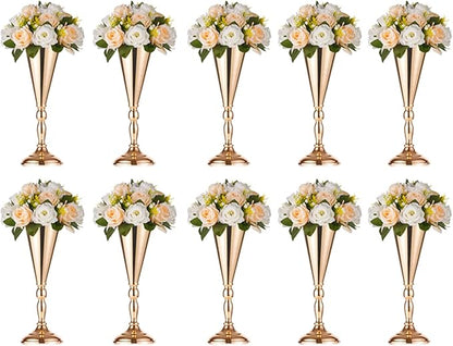 NUPTIO Tabletop Metal Wedding Flower Trumpet Vase Table Decorative Centerpiece Artificial Flower Arrangements for Anniversary Ceremony Party Birthday Event Aisle Home Decoration (10 x M, Gold)