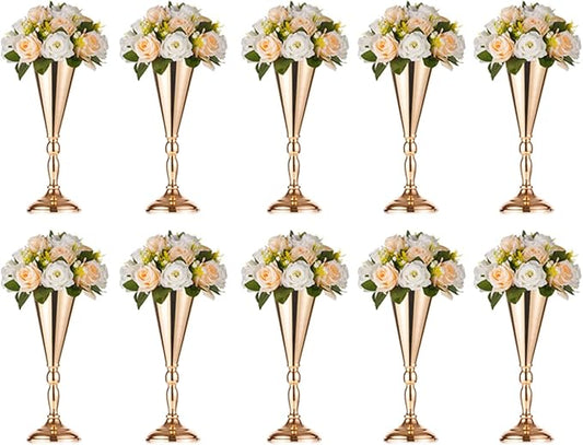 NUPTIO Tabletop Metal Wedding Flower Trumpet Vase Table Decorative Centerpiece Artificial Flower Arrangements for Anniversary Ceremony Party Birthday Event Aisle Home Decoration (10 x M, Gold)