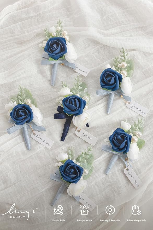 Ling's moment Boutonniere for Men, 6pcs Groom Groomsmen Boutonniere, Artificial Flowers for Wedding Decor/Prom/Homecoming, etc.Navy Blue Dark Blue