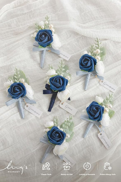 Ling's moment Boutonniere for Men, 6pcs Groom Groomsmen Boutonniere, Artificial Flowers for Wedding Decor/Prom/Homecoming, etc.Navy Blue Dark Blue