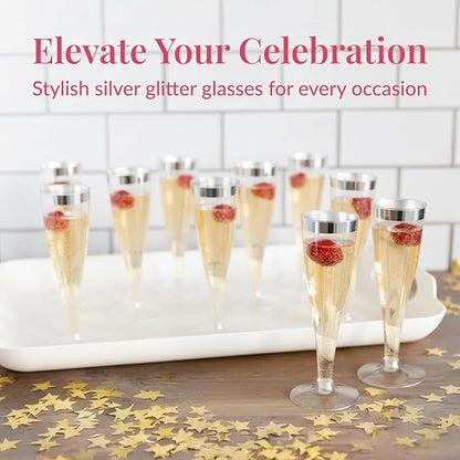 Prestee Set of 24 Silver Glitter Plastic Champagne Flutes - 4.5 oz Capacity - Shatterproof Durable Disposable Glasses - Elegant Design - Ideal for Weddings, Cocktail Parties, and Outdoor Celebrations