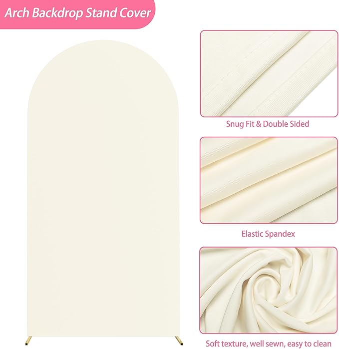 Putros 6.6ft Metal Arch Stand with Cover Ivory Spandex Fitted Wedding Arch Cover and Round Top Chiara Backdrop Stand Set for Birthday Party Baby Shower Decoration