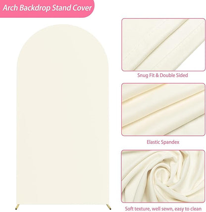 Putros 6.6ft Metal Arch Stand with Cover Ivory Spandex Fitted Wedding Arch Cover and Round Top Chiara Backdrop Stand Set for Birthday Party Baby Shower Decoration