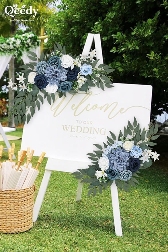 Wedding Arch Flowers Set of 2, Artificial Wisteria & Greenery Garland for Wedding Ceremony Backdrop, Wedding Floral Arrangement for Arch, Photo Booth & Reception Decor (Dusty Blue)