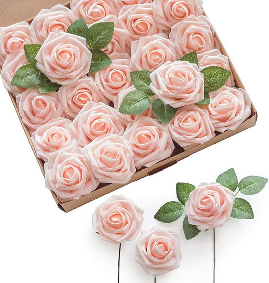 Ling's moment Artificial Flowers 25Pcs Pink Cream Roses Decor w/Stems,3" Real Touch DIY Foam Floral for Wedding Bouquet/Centerpieces, Outdoors Party Backdrop, Room/Table, and Garden/Pot Decorations