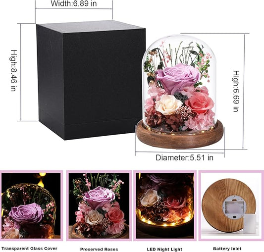 Flowers for Delivery Prime Preserved Flowers Lilac Roses with LED Light in a Glass Dome,Long Lasting Real Roses Birthday Gifts for Women Daughter Mom Wife Friend（Lilac Rose）