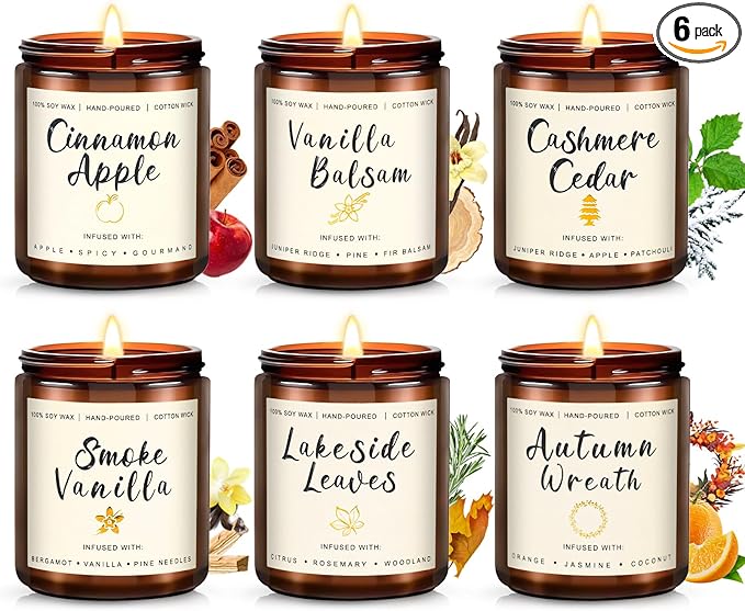 6 Pack Fall Winter Scented Candles for Home, Candles Gifts Sets for Women Men Birthday Thanksgiving Christmas, 7.1Oz Large Jar | Long Lasting Soy Wax Candles with Cinnamon Apple, Smoke Vanilla