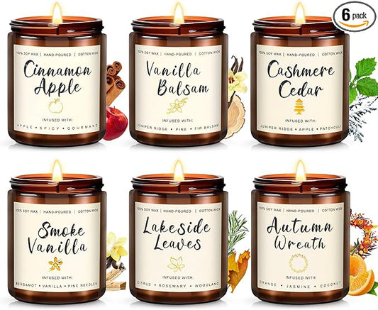 6 Pack Fall Winter Scented Candles for Home, Candles Gifts Sets for Women Men Birthday Thanksgiving Christmas, 7.1Oz Large Jar | Long Lasting Soy Wax Candles with Cinnamon Apple, Smoke Vanilla