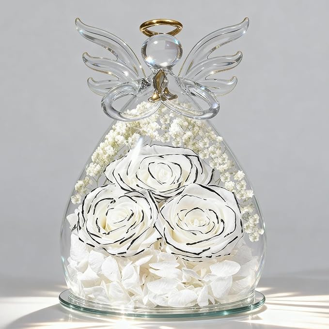 Beferr Christmas Birthday Gifts for Women, Mom Gifts for Christmas Fresh Flowers for Delivery Prime Forever Preserved Rose in Glass Angel, Xmas Gifts for Grandma Wife Sister Her, White Limited Edition