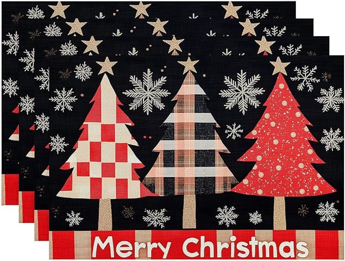 Merry Christmas Placemats Set of 4 Christmas Tree Snowflake Place Mats Washable Table Dinner Mats Linen Table Mats for Kitchen Dining Party Home Kitchen Decor 12x18 Inch