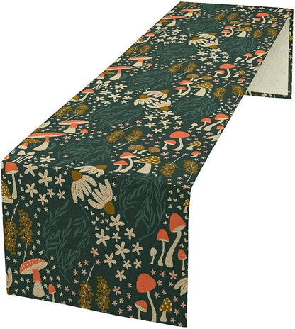 Mushroom Table Runner, Cartoon Woodland Summer Flowers Plants Forest Seasonal Spring Kitchen Dining Table Decoration for Home Party Decor, 13x120inch