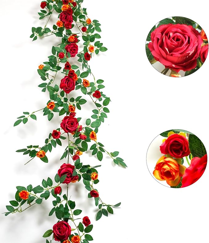 6FT Bendable Flower Garland, Artificial Rose Vine Hanging Floral Garland Decoration for Weding Home Room Wall Decor (Red, 2pcs)