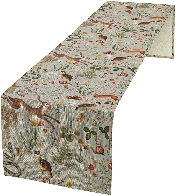 Rustic Forest Table Runner, Retro Country Wild Animals Hare Squirrel Owl Snake Snail Flowers Mushroom Print Table Cover for Home Holiday Party Indoor Outdoor, 13x70inch