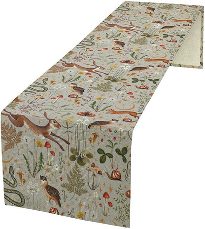 Rustic Forest Table Runner, Retro Country Wild Animals Hare Squirrel Owl Snake Snail Flowers Mushroom Print Table Cover for Home Holiday Party Indoor Outdoor, 13x120inch