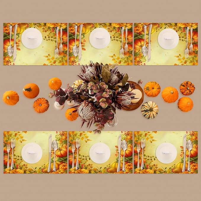 Thanksgiving Fall Yellow Pumpkin Placemats Set of 4 PVC Vinyl Non Slip Table Mats Heat Resistant Place Mats Washable Wipeable Dining Table Mat for Kitchen Decor Party Indoor Outdoor Decorative Gift