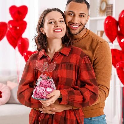 FIACO Gifts for Women Preserved Rose Forever Flower in Glass Angel Figurine Fresh Flowers for Delivery Mothers Day Birthday Gifts for Mom Grandma Wife Sister Pink