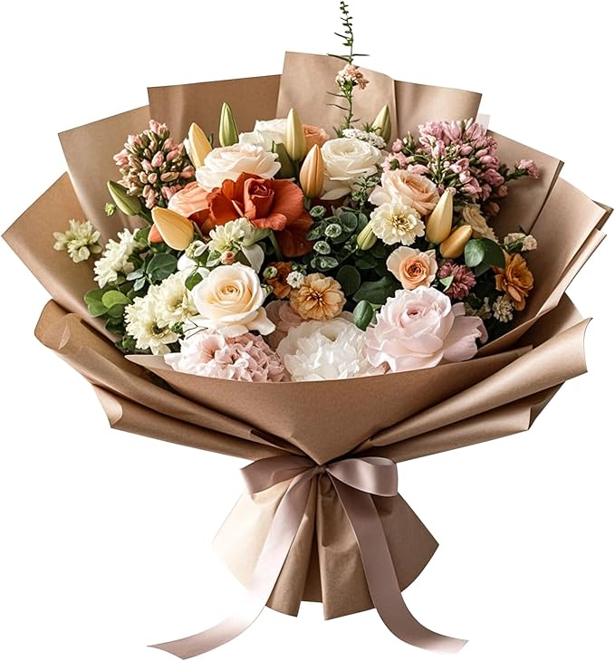 LeZakaa 20 Sheets Flower Wrapping Paper - Waterproof Reversible Floral Bouquet Paper - Brown Design for Valentine's Day, Mother's Day, Parties, Birthdays, Weddings, Baby Shower