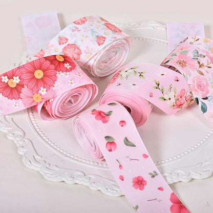 Floral Grosgrain Ribbon, 5 Rolls Flower Pattern Ribbon Spring Summer Fabric Decorative Craft Ribbon Roll for Gift Wrapping Decor Hair Bow Sewing Wreath Crafts (Pink Floral, 1-1/2Inch X 20Yards)
