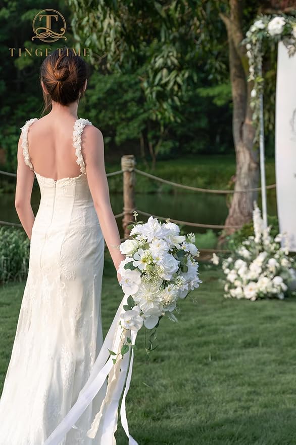 TINGE TIME 11 Inch Wedding Bouquets for Bride, IvoryWhite Artificial Flowers Bouquet, Brides & Bridesmaids Bouquet for Wedding Anniversary Ceremony Bridal Shower Decorations