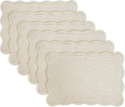 6 PCS Quilted Placemats -13x18 inches, 100% Cotton Placemats with Microfiber Filling, Thick & Washable Place Mats for Durable Use, Rectangular Placemats with Scalloped Edge for Kichen and Dining, Flax