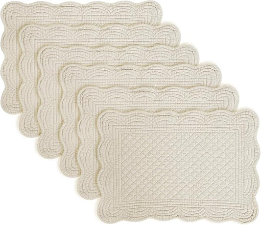 6 PCS Quilted Placemats -13x18 inches, 100% Cotton Placemats with Microfiber Filling, Thick & Washable Place Mats for Durable Use, Rectangular Placemats with Scalloped Edge for Kichen and Dining, Flax