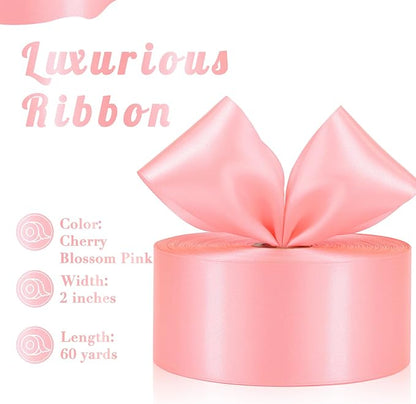 Cherry Blossom Pink Ribbon 2 Inch 60 Yards, Versatile Solid Satin Ribbon for Flower Bouquet, Wedding, Crafts, Gift Wrapping, Baby Shower, DIY Bows and Outdoor Decor