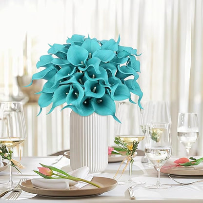 24 Pcs Teal Flowers Artificial Calla Lily Flower Fake Teal Silk Flowers Real Touch for Wedding Bouquet Home Kitchen Decor