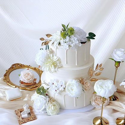 Ivory White Artificial Flowers Combo Box Set Silk Dahlia Roses Gold Leaves Stems DIY Bridal Wedding Bouquets Cake Boho Fake Floral Arrangements Baby Shower Party Table Centerpieces Home Decor Bulks