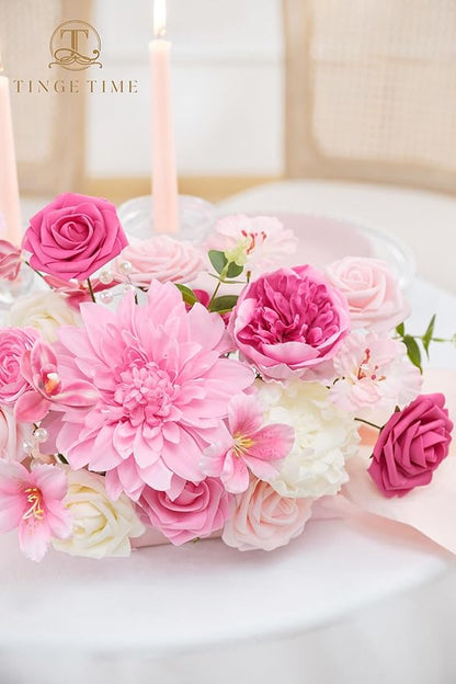 TINGE TIME Artificial Flowers Deep Pink Flower Combo for DIY Wedding Bouquets Table Centerpieces Arrangements Party Baby Shower Home Spring Decorations