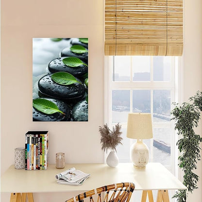 Glittering black stone cluster with fresh green leaves and water drops poster tranquil mist rain wall art zen wall art suitable for modern minimalist home decor 24x36in Wood Framed