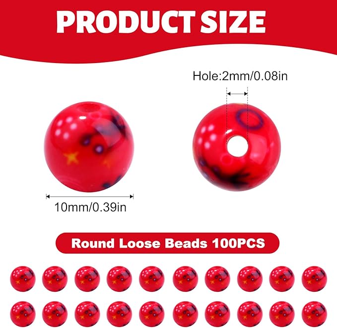 100 PCS 10mm Resin Beads Bulk for Bracelet Making Kit, Flower Printed Red Round Loose Beads for Jewelry Earring Necklace Rings Art Craft DIY Projects