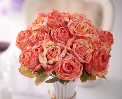 Rose Artificial Flower 28pcs Realistic Faux Silk Roses Fake Flowers Bouquets Arrangements Decor for Wedding Spring Mother's Day, Home Table Decorations, Orange Flower
