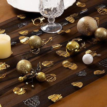 Socomi Gold Table Runner Fall Pumpkin Gauze Sheer Chiffon Cheesecloth Sequin 10FT Glitter Metallic Foil Dining Wedding Birthday Party Baby Shower Holiday Centerpiece Table Decor 3pcs Black