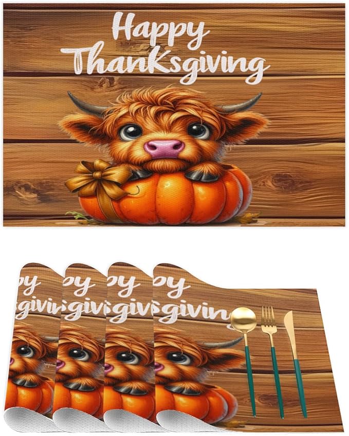 Thanksgiving Pumpkin Highland Cow Placemats Set of 1 PVC Vinyl Non Slip Table Mats Heat Resistant Place Mats Washable Wipeable Dining Table Mat for Kitchen Decor Party Indoor Outdoor Decorative Gift