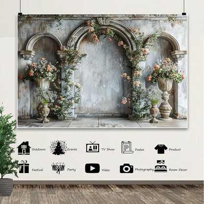 7x5ft Vintage Orange Wildflower Backdrop Old Medieval Palace Building Concrete Wall Photography Background for Wedding Valentines Day Bridal Shower Birthday Princess Couples Portraits