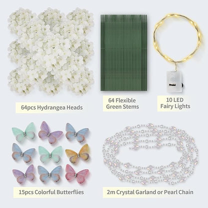 64PCS Artificial Hydrangea Flowers with Stems, Silk Hydrangea Heads with LED Decorative Lights, Crystal Strings & Butterfly Accents for Wedding Centerpieces and Home Decor(64, Ivory)