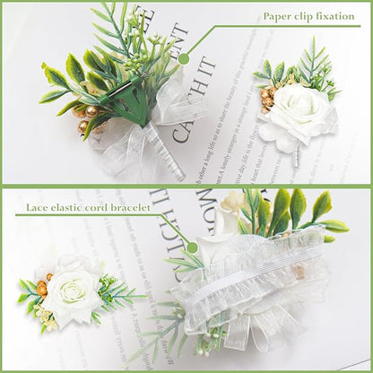 2 Pcs White Wrist Corsage and Boutonniere Set, Rose Corsage Hand for Women, Boutonniere for Men Wedding Flowers Accessories Prom Decor Party Suit Decoration (White)