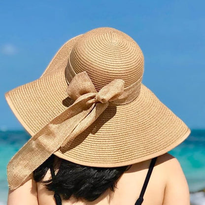 DRESHOW Beach Hats for Women Big Straw Wide Brim Summer Hat Floppy Foldable Roll up Cap Sun Hat UPF 50+