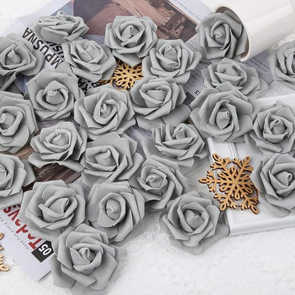 IPOPU Artificial Rose Flower Heads, 100 Pcs Real Looking Silver Gray Foam Fake Roses for DIY Wedding Baby Shower Centerpieces Arrangements Party Tables Home Decorations (Silver Gray, Stemless)