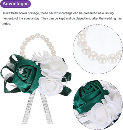 MECCANIXITY 3Pcs Wrist Corsage Artificial Flower Bracelets Rose Wrist Bride Groom Decorative for Wedding Ceremony Prom Party Anniversary Dark Green