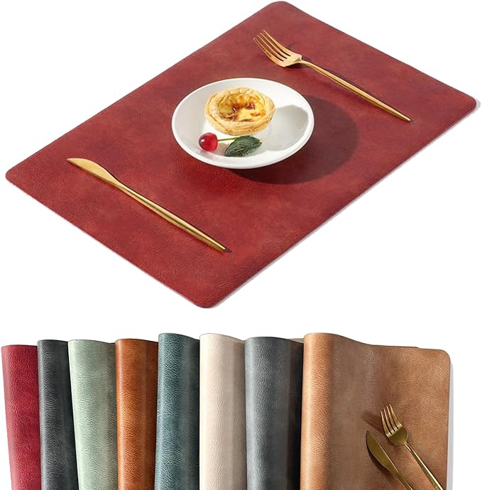 UnivoColors Washed Cowhide Pattern PU Leather Placemats Set of 4 Heat Resistant Kitchen Table Mats, Waterproof Wipeable for Party Decoration(Red)