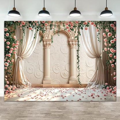 Wedding Party Backdrop, Floral Grass Wall White Sheer Curtain Flower Arch Photography Background, Greek Rose Wall Arch Lover Marriage Proposal Bridal Reception Photo Booth Props Banner 12x10ft