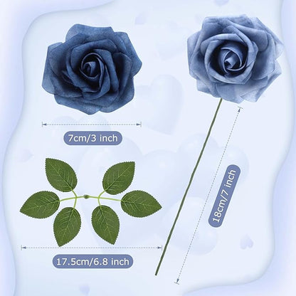 100 Pieces Artificial Foam Rose Flowers Faux Bouquet with Leaves and Stems for DIY Wedding Bouquets Centerpieces Bridal Shower Party Valentine Home Decorations(Dusty Blue Shades)