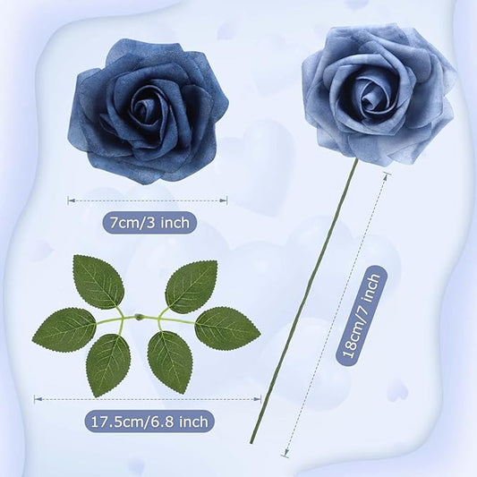 100 Pieces Artificial Foam Rose Flowers Faux Bouquet with Leaves and Stems for DIY Wedding Bouquets Centerpieces Bridal Shower Party Valentine Home Decorations(Dusty Blue Shades)